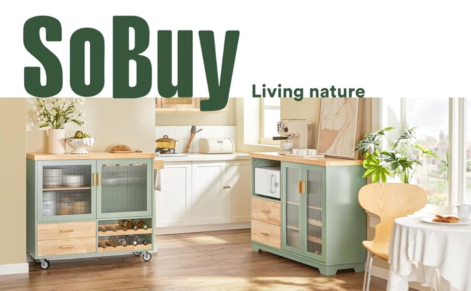 Кухонний острів SoBuy на колесах з 2 скляними дверцятами, кухонний візок з робочою поверхнею, зелений (B109 x H92 x T40 см)