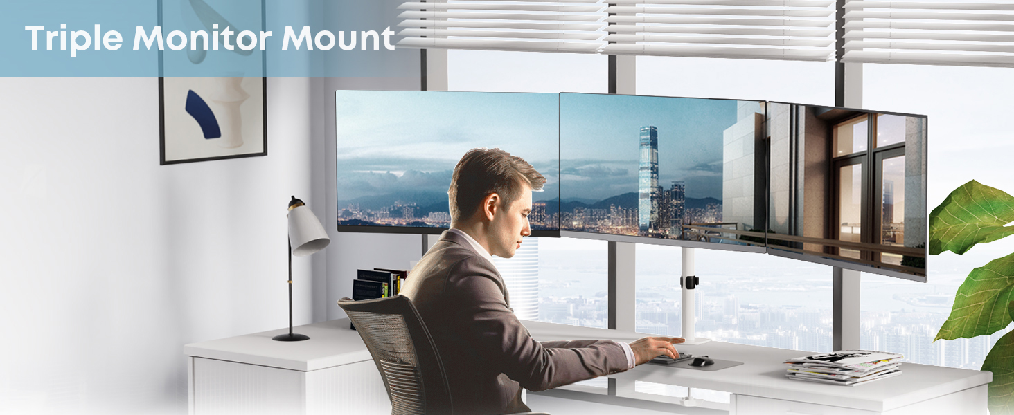 Підставка для монітора PUTORSEN на 3 монітори - сумісна з LCD/LED телевізорами 13'-27' (33-68см), вантажопідйомність 7 кг на монітор, регулювання на 180°, поворот 360°, регулювання висоти, білий колір