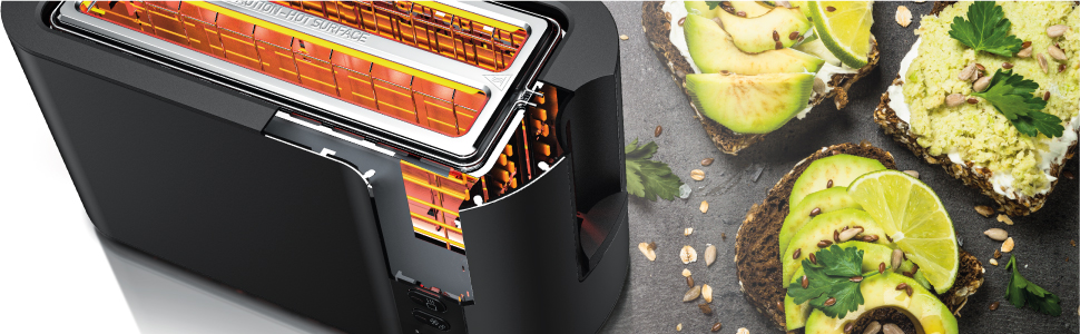 Тостер Arendo з нержавіючої сталі з 4 широкими слотами, подвійними стінками, тримачем для булочок, 6 ступенів підсмажування, центровкою хліба, автоматичним вимкненням та дисплеєм з індикатором часу (чорний)