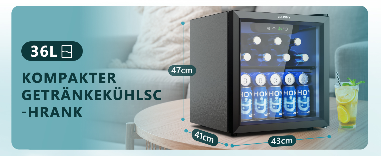 Міні-холодильник EUHOMY для напоїв на 55 банок, чорний, 36L, з дверцятами з прозорого скла, LED-підсвітка, тихий (43dB), для офісу, кімнати, бару