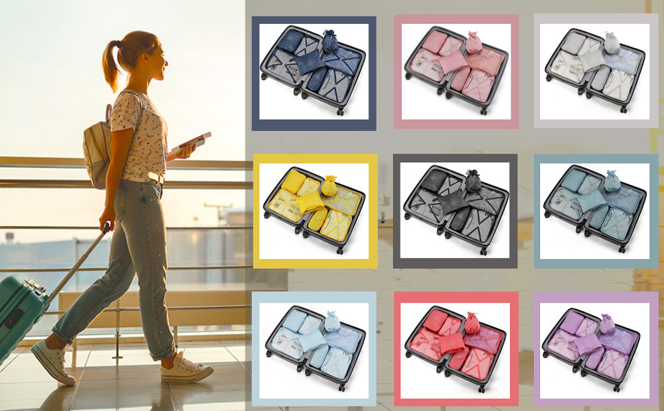 Органайзери для валіз: 8 комплектів, 7 кольорів. Організатори для подорожей, мішки для взуття, компресійні мішки. Сірий колір.