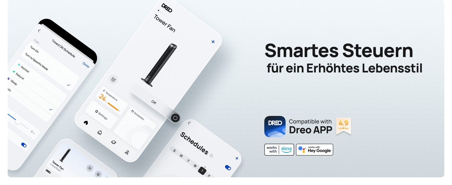 DREO Smart Tower Ventilator: Тихий вентилятор з Wi-Fi, дистанційним керуванням та керуванням голосом (Alexa), 90° осциляція, 5 швидкостей, 12-годинний таймер, сріблястий