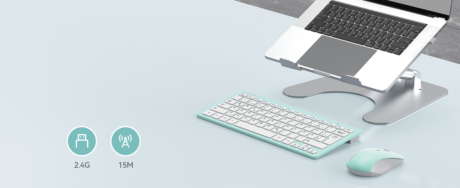 Бездротова клавіатура та миша TECKNET QWERTZ, 2.4 GHz, 15м, тиха, для ПК, ноутбука, Smart TV, білий (зелений)