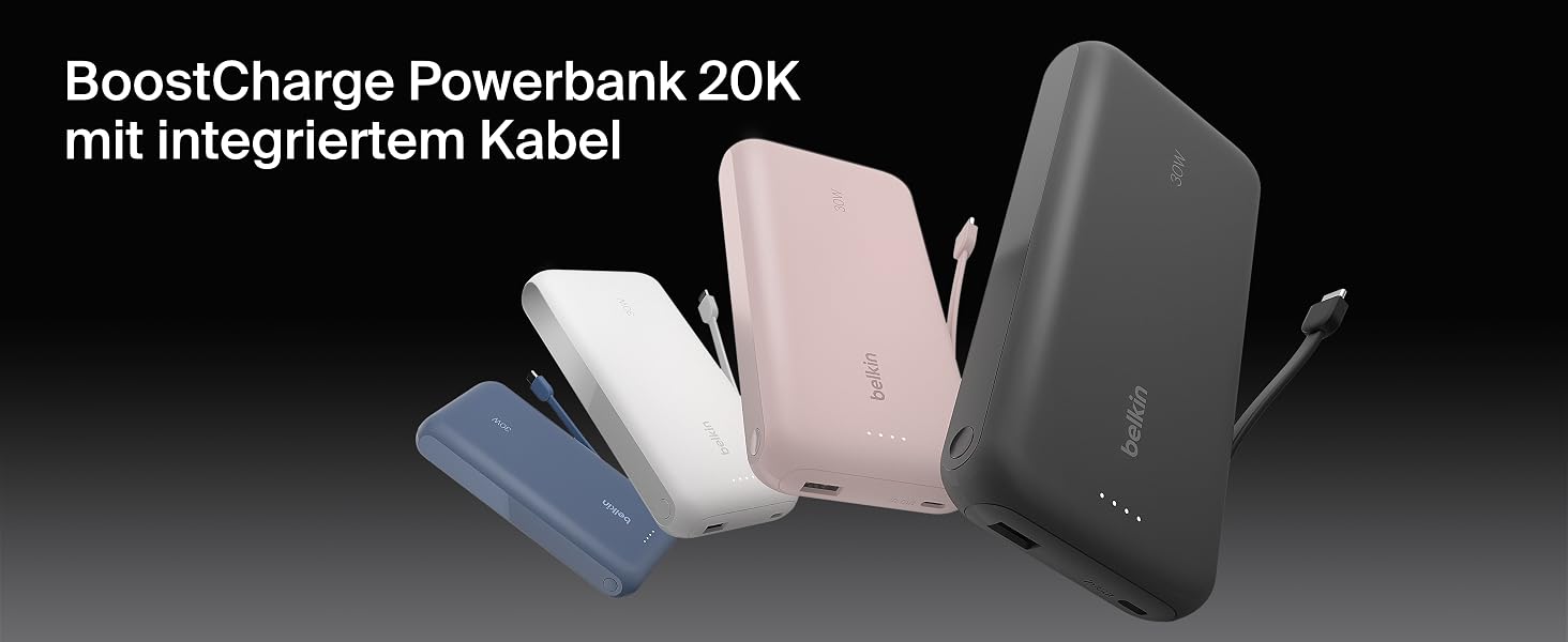 Зовнішній акумулятор Belkin Portable Powerbank 20000 mAh 30W з вбудованим кабелем USB-C PD для iPhone 16, iPad Pro, Samsung Galaxy S25, чорний