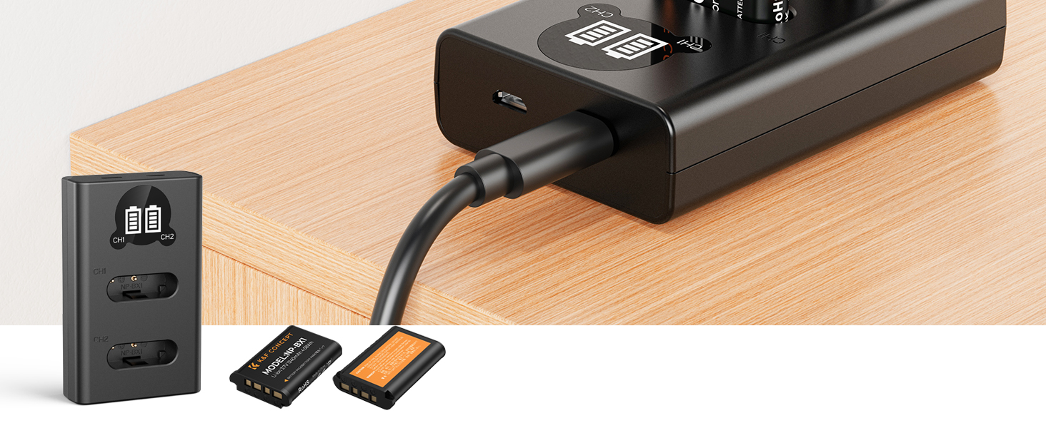 Запасний акумулятор K&F CONCEPT NP-BX1 (2 шт.) з LCD-зарядним пристроєм для Sony RX100/ HX50/ WX350/ RX1R/ HX90/ RX100M7/M6/M5/PJ410/AS30 та інших камер Sony. Сумісний з оригінальним акумулятором та зарядним пристроєм