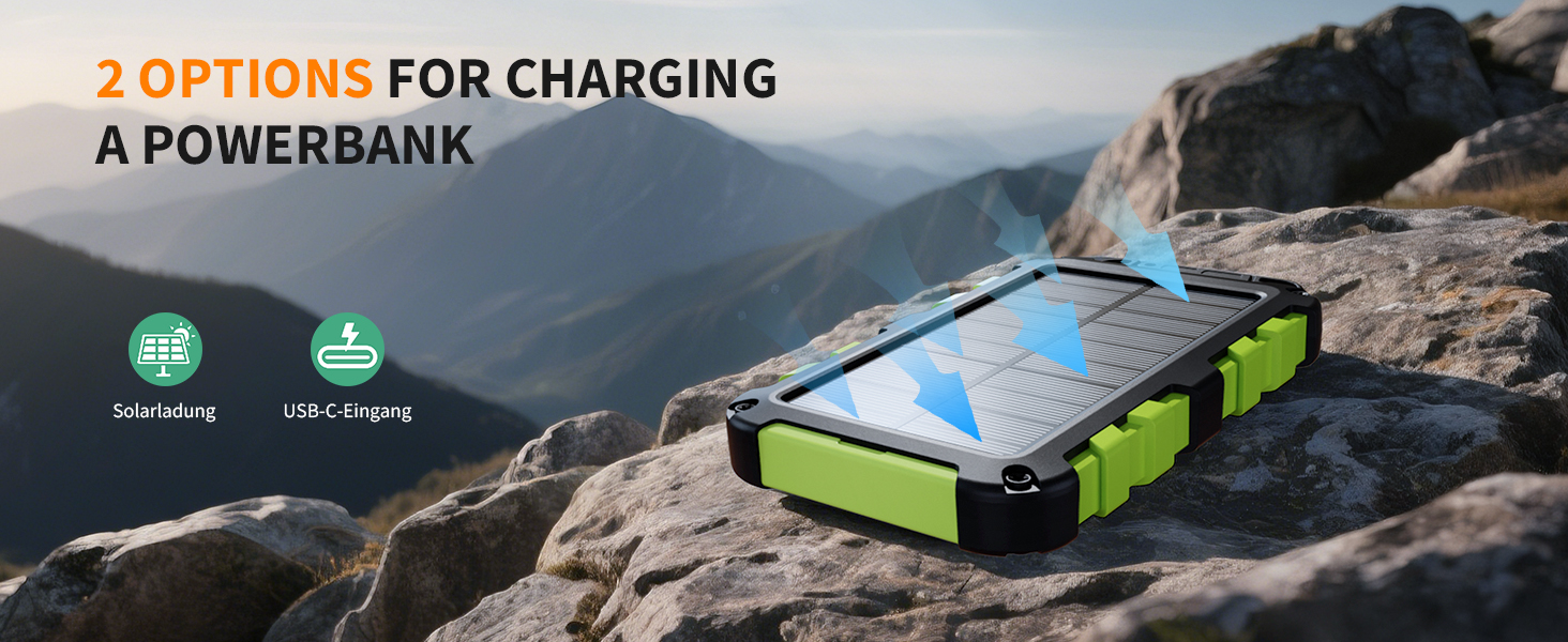 Powerbank сонячний TOENNESEN 26800mAh PD 15W: вологостійкий акумулятор з LED-ліхтариком та 3 виходами USB-C для смартфонів, планшетів, кемпінгу та подорожей (Чорний)