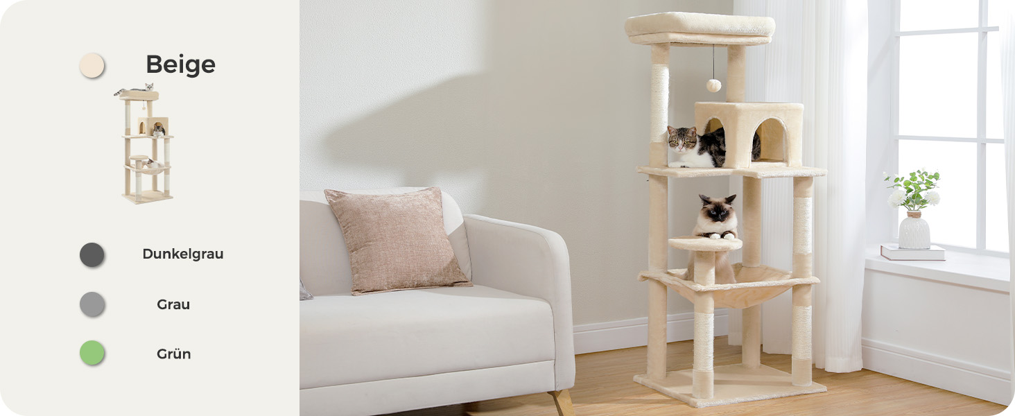 Комплекс для котів PAWZ Road з металевою гамаком, будиночком з 2 дверима та 6-ярусними полицями для лазіння, 143 см, бежевий