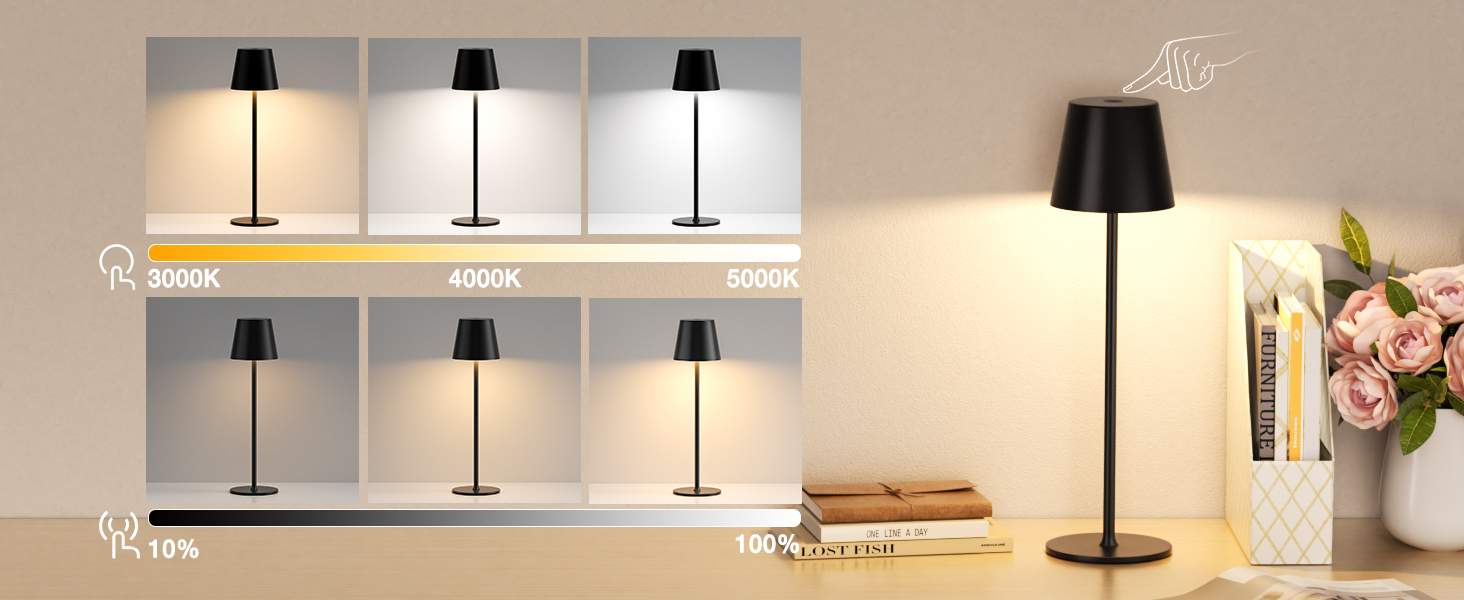 Набір з 2 бездротових настільних світильників LED з акумулятором, сенсорне регулювання яскравості, 3 режими кольору, USB-C зарядка для спальні, столу, кемпінгу (Чорний)