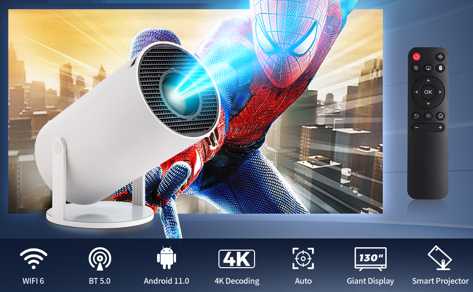 4K проєктор Mini Beamer з Android OS: 5G WiFi, BT5.0, автокорекція трапеції, кут 180°, підтримка 130-дюймового екрану для Phone/PC/Lap (білий)