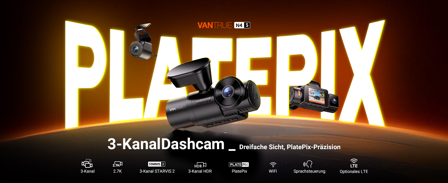 Автомобільний відеореєстратор VANTRUE N4S 3-канальний (2.7K+2.5K+1440P), STARVIS 2 HDR, нічна зйомка, 5GHz Wi-Fi, GPS, 24г паркування, G-сенсор, підтримка 1ТБ, для авто
