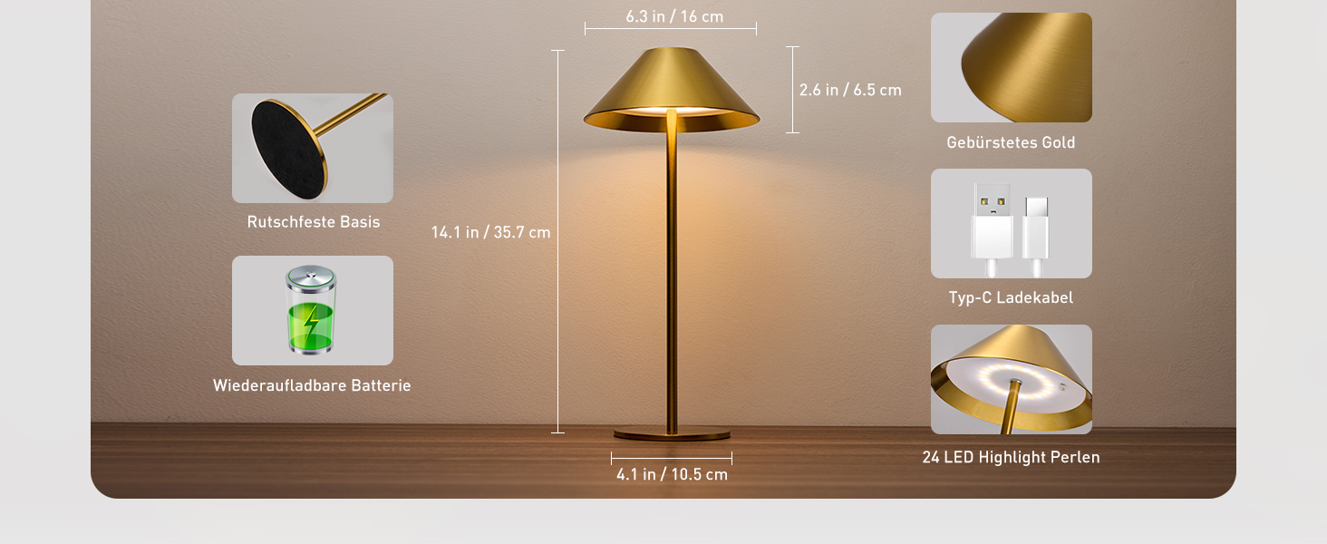 LED-лампа настільна бездротова золота, 2 шт. - акумулятор, USB, сенсорне керування, IP54, для дому та вулиці