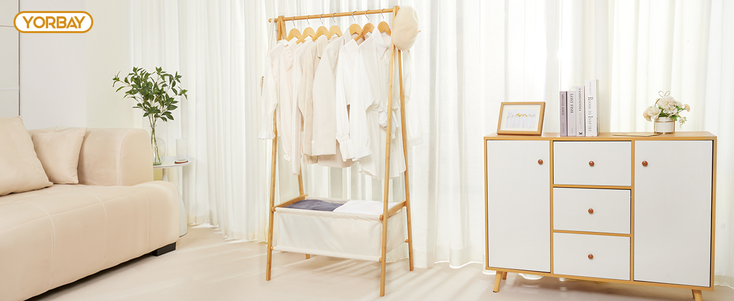 Легкий стійкий вішак для одягу Yorbay з бамбука з сумкою для зберігання, 149 см, натуральний колір