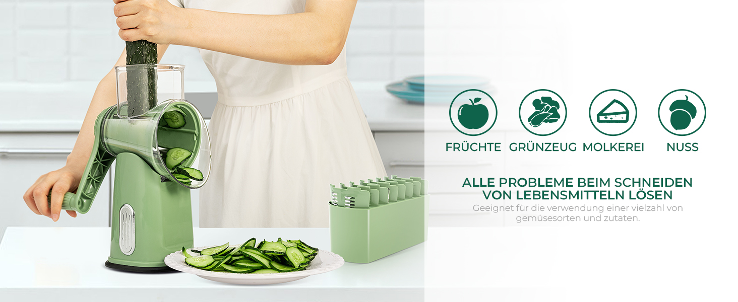 Тертка для сиру та овочів SUTEAS з ручкою - 5 насадок, потужний присосок, набір для нарізання овочів, ідеально підходить для сиру, огірків, моркви, горіхів, овочів, з коробкою для зберігання лез (Ретро-зелений)