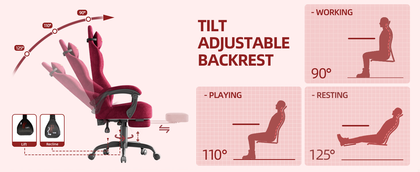 Ігрове крісло Ferghana Ergonomic Gaming Chair з оксамиту, з підтримкою попереку та підголівником, офісне крісло для геймерів та роботи (Червоне, LW220)