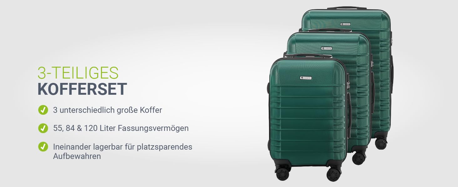 Набір валіз Juskys® Hartschale 4 шт. з кодовим замком, тихі колеса 360°, телескопічна ручка, легкий, зелений (3 шт.)