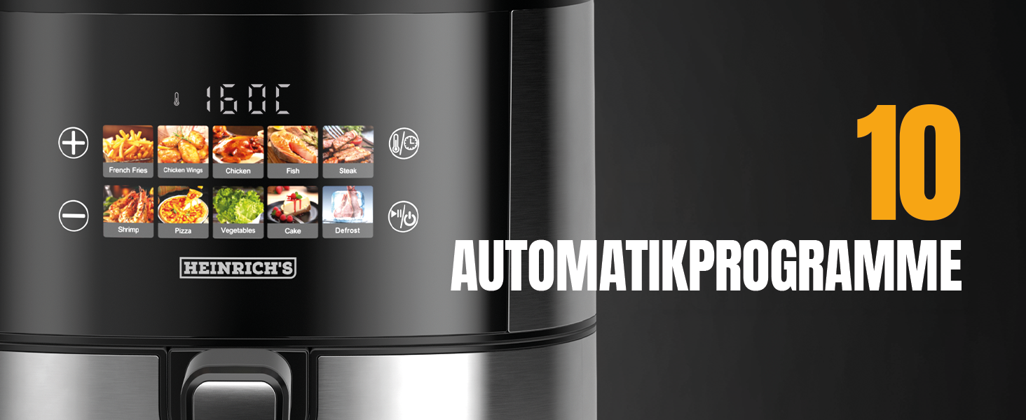 Фритюрниця повітряна HEINRICHS 9 літрів XXL з LED-дисплеєм, 10-в-1, 1800W, для здорового харчування, з таймером