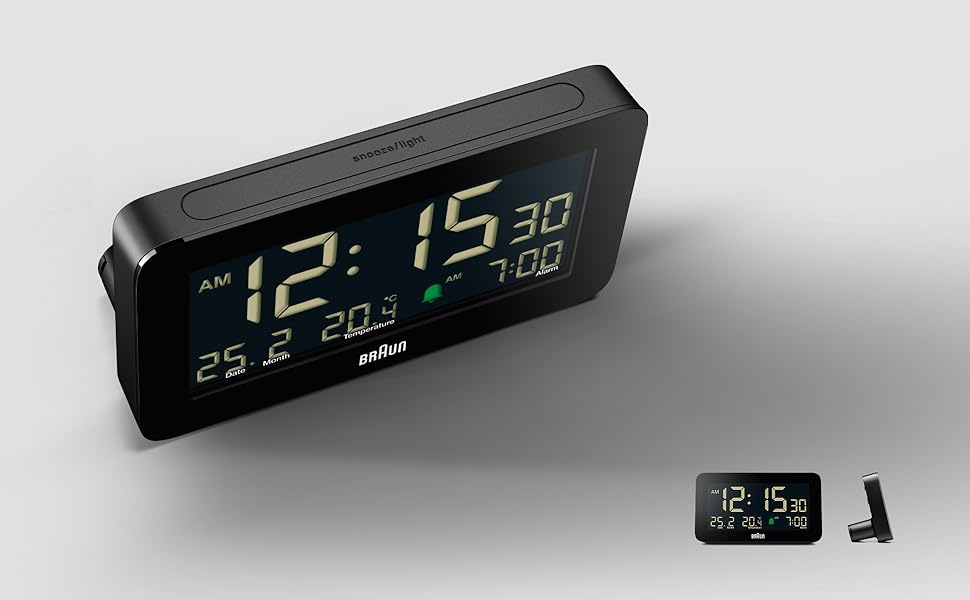 Цифровий годинник Braun BC10B з будильником, датою, місяцем, термометром, LCD-дисплеєм, швидким налаштуванням, чорний