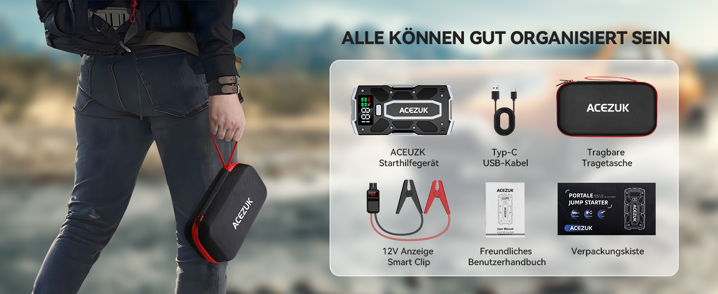 Портативний зарядний пристрій Starthilfe Powerbank 6000A для автомобіля: 7.0л бензин, 5.5л дизель, LED ліхтарик, великий екран (Чорний)