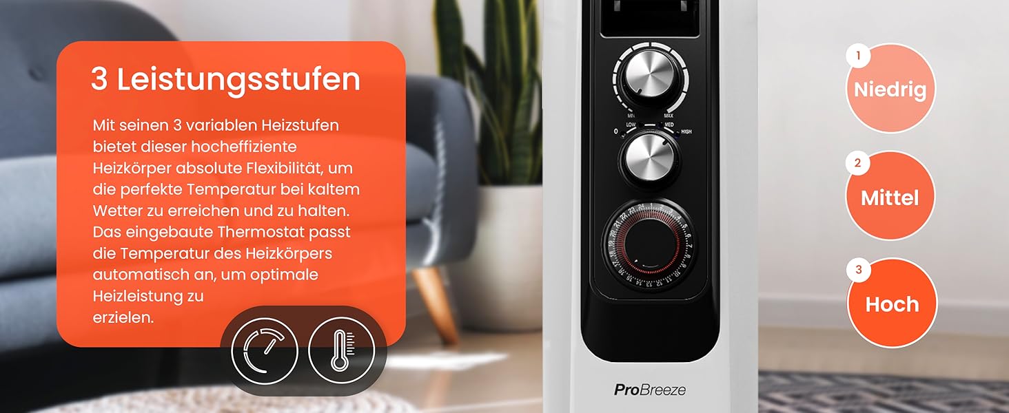 Портативний масляний радіатор Pro Breeze, 8 елементів, 2000 Вт, 3 режими нагріву, термостат, таймер, електрообігрівач