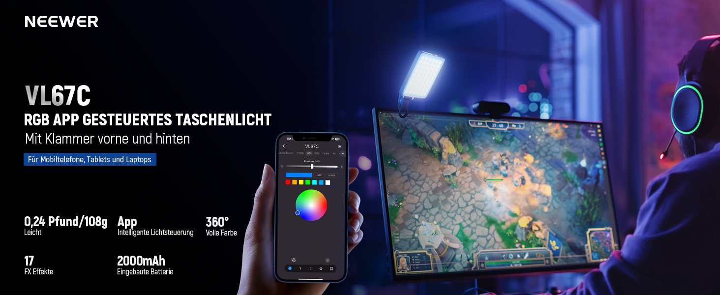LED світло для селфі NEEWER Entry Level: clip-on, 54 LED, CRI 88, 650mAh, для iPhone, комп'ютера, вебкамери, Zoom, макіяжу