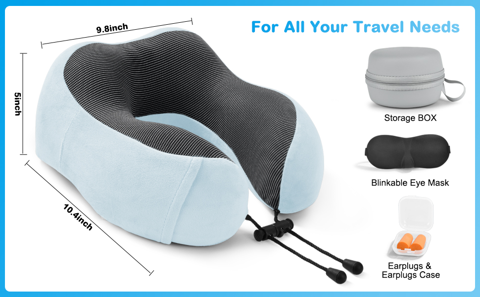 Подушка для шиї в літак, доросла, Memory Foam, регульована, компактна, з навушниками, маскою для сну, коробкою для зберігання (Блакитна)