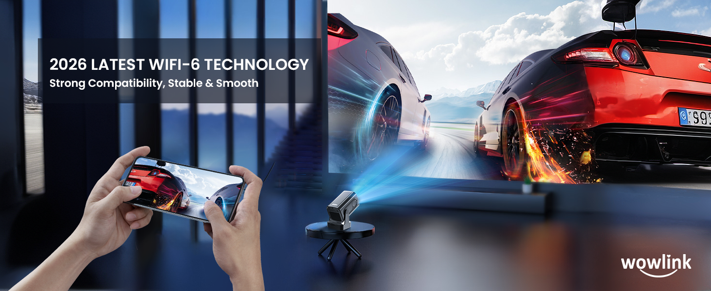 Портативний проєктор Beamer 4K з автофокусом, WiFi 6, Bluetooth 5.4 та інтегрованими додатками (2026 модель). Підтримка HDMI, TV Stick, Memory Stick, Laptop. Чорний