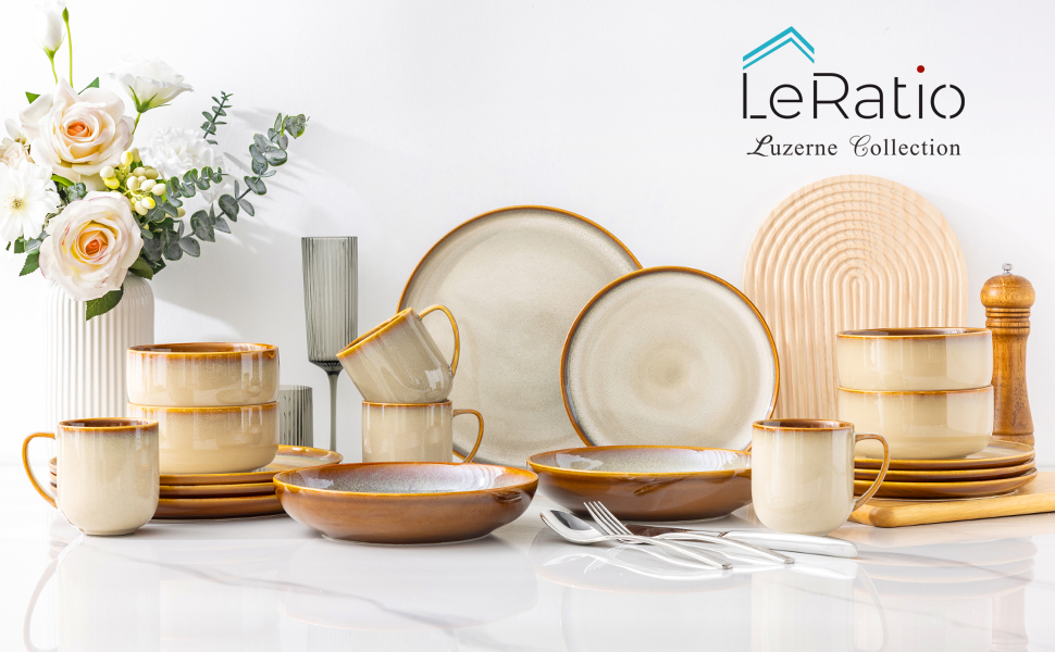 Набір посуду LeRatio на 6 осіб: 18 предметів, керамічний, з реактивною глазур'ю, стійкий до подряпин, для сервірування столу, придатний для миття в посудомийній машині та використання в мікрохвильовці