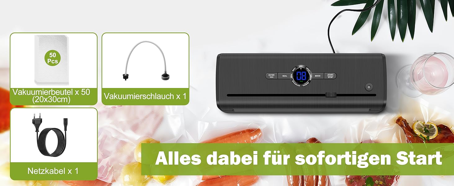 Вакуумний пакувальник KLGFI 7-в-1: професійний апарат для пакування продуктів з подвійною зварювальною швом, з нарізкою та цифровим лічильником. У комплекті 50 вакуумних пакетів. Чорний колір.