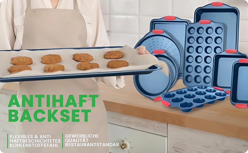 Набір форм для випічки Nutrichef 10 шт. з антипригарним покриттям – для випічки солодкого (печиво) та солоного (піца) – з вуглецевої сталі, без PFOA та PTFE, з силіконовими ручками (круглі/квадратні)