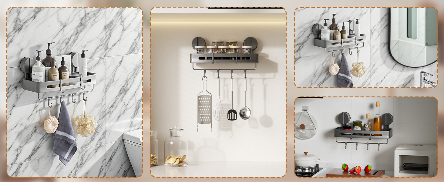 Поличка для душу на присоску без свердління, органайзер для ванної кімнати з алюмінію, сірого кольору, 20 кг, для ванної та кухні