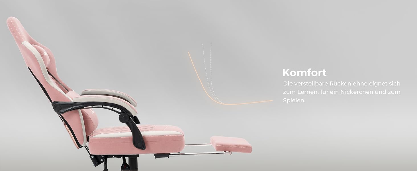 Ігровий крісло Dowinx з тканини, масажний крісло з підніжкою, ергономічне, для PC, геймінгу, офісу, 150 кг, рожево-білий