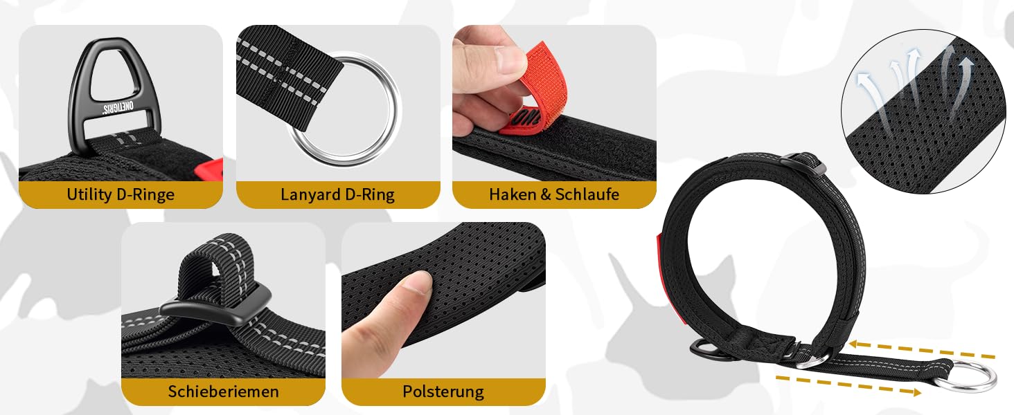 Нашийник для собак OneTigris Zug-Stopp, м'який, широка стрічка з відбиваючими елементами, чорний, XL, для середніх та великих собак