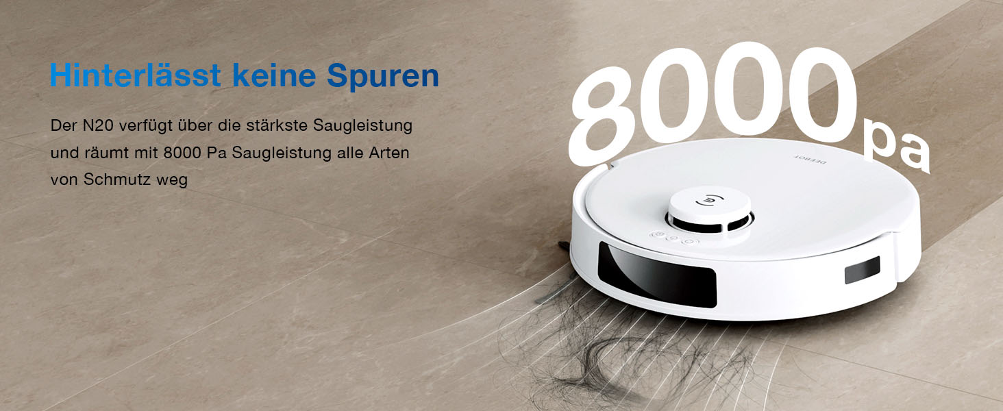 Робот-пилосос ECOVACS DEEBOT N20 Plus з функцією миття, 8000Pa, PureCyclone Station, без мішка, захист від заплутування волосся, до 300 хв роботи, білий