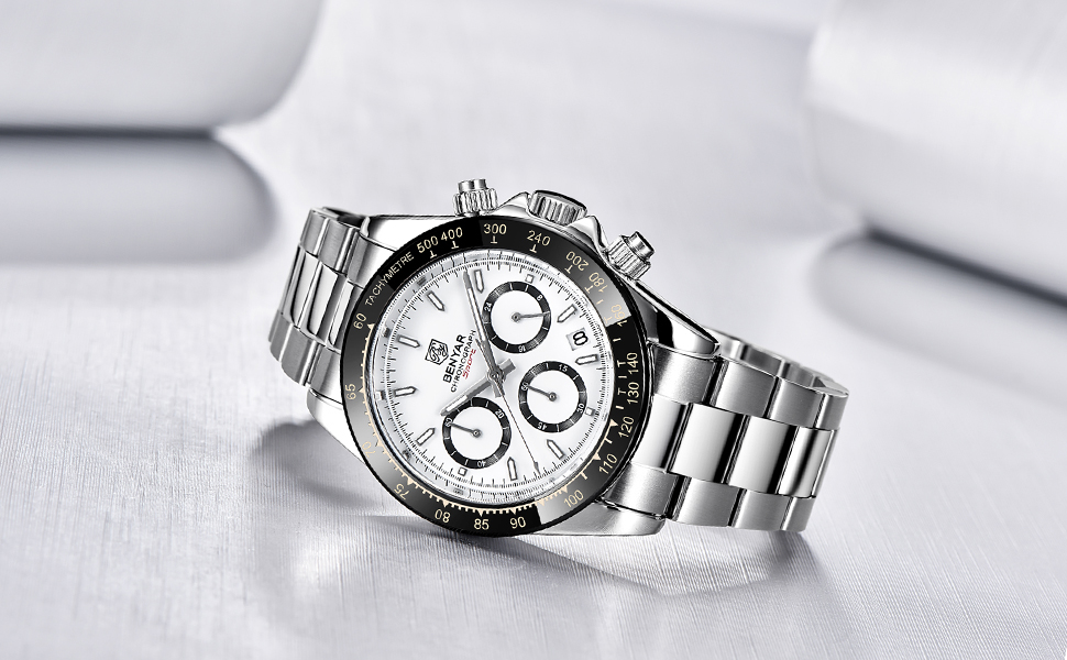 Чоловічий годинник BENYAR: Хронограф, кварцовий механізм, водонепроникний, з нержавіючої сталі, для бізнесу, спорту та відпочинку (срібний)