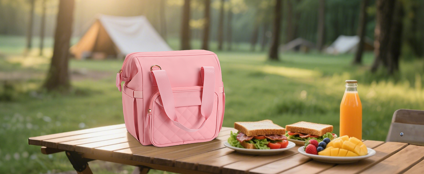 Сумка-холодильник 20 л, рожева: ізольована сумка-ланчбокс з PEVA-підкладкою, кілька відділень та плечовим ременем для роботи, школи, авто, пікніка