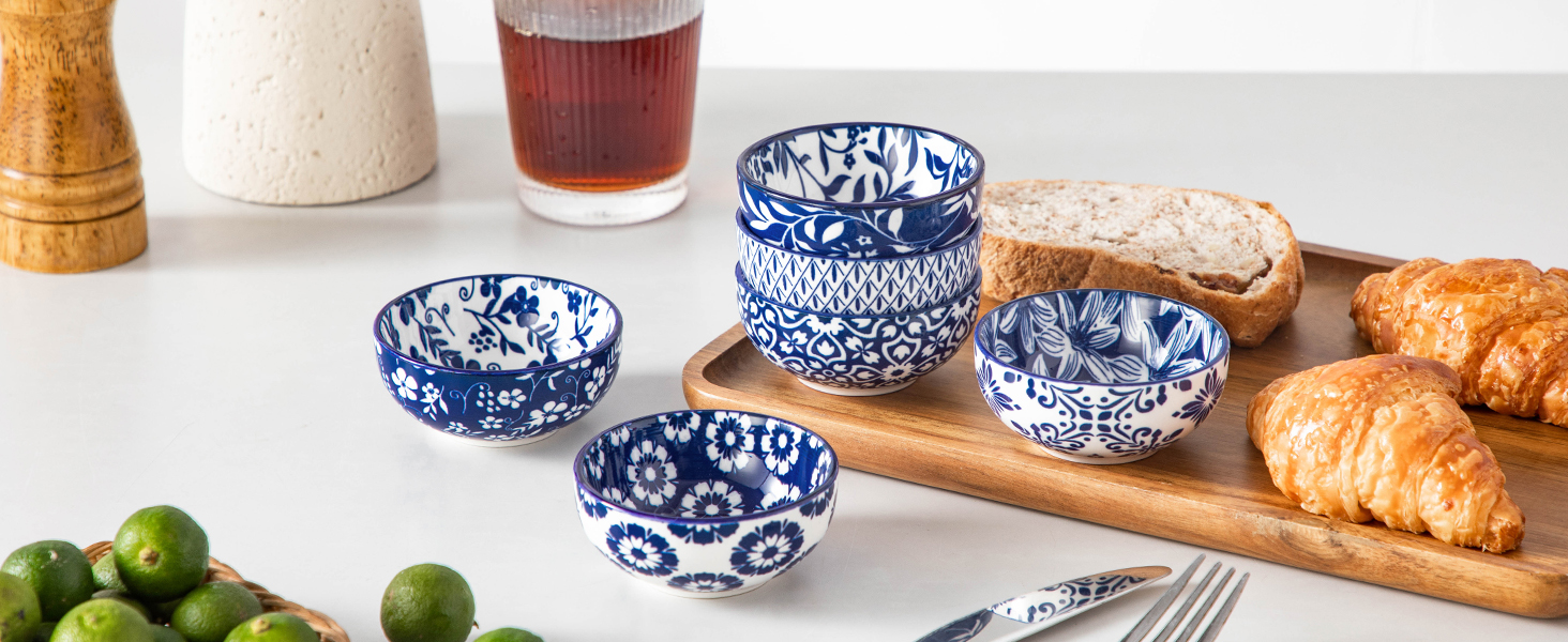 Набір кавових чашок з блюдцями Vancasso Cappuccino SELENE 6шт, 240мл, блакитно-білий вінтаж, порцеляна