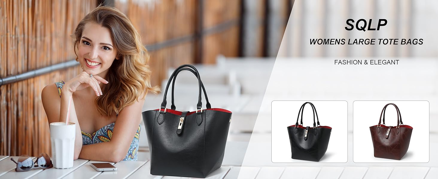 Велика жіноча шкіряна сумка-шопер чорного кольору для роботи та навчання | sqpl