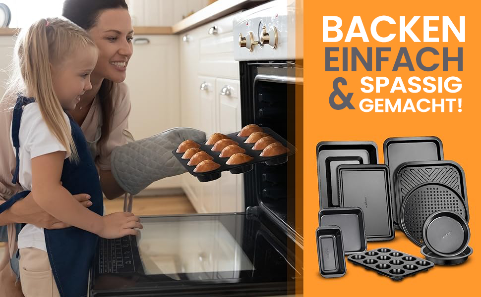 Набір для випічки Nutrichef 10 предметів з антипригарним покриттям. Включає: форма для кексів, форма для тортів, дека для піци, форми для мафінів, хліба та інше. Можна мити в посудомийній машині, складається. Чорний колір.