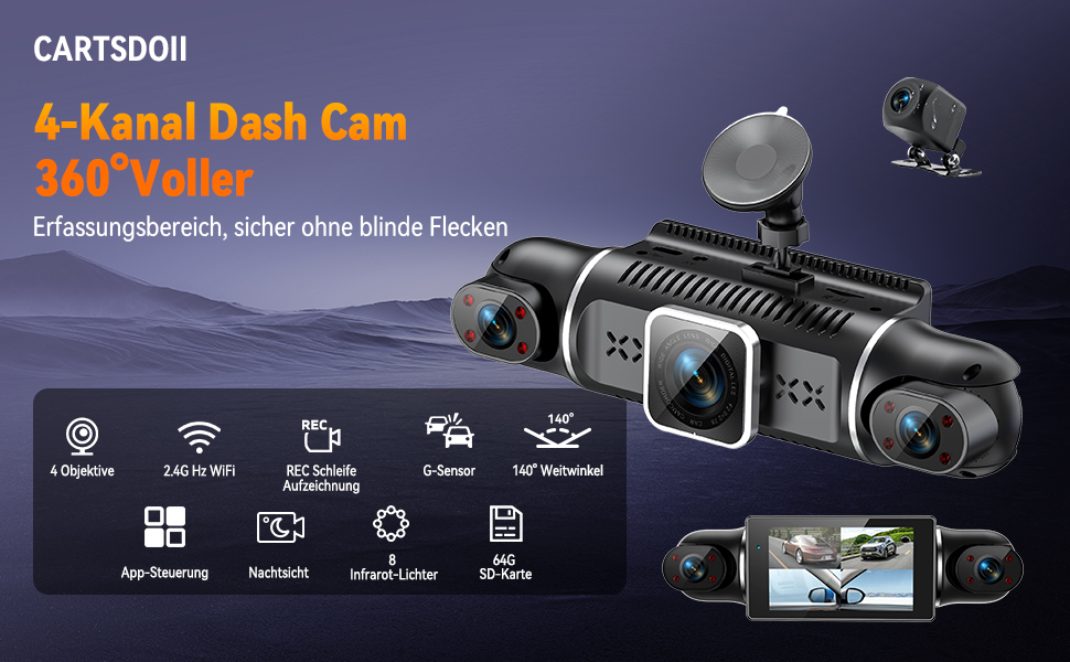 Двоканальна відеореєстратор (Dashcam) 2K+1080P з двома камерами, 64GB, IPS дисплей 3', 4x140° кут огляду, WDR, нічне бачення (8 IR-LED), G-сенсор, циклічна запис, додаток, режим паркування 24/7, чорний