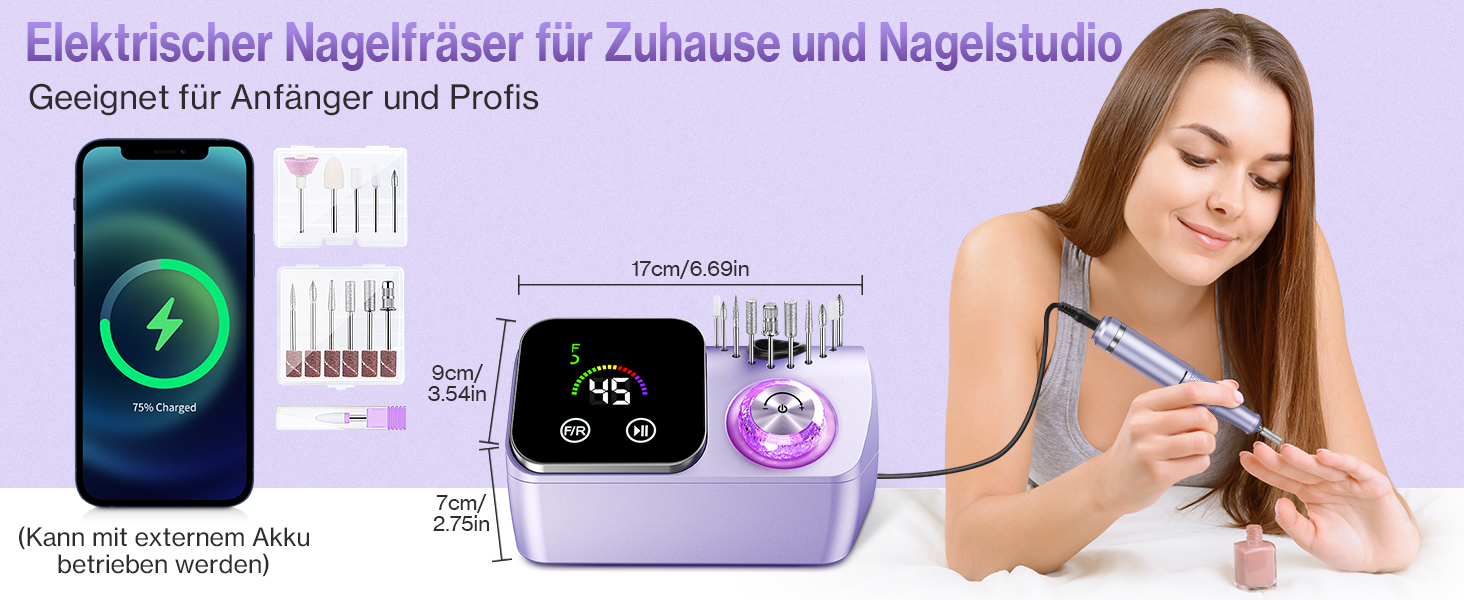 Електрична шліфувальна машинка для нігтів (нагельфрайзер) з LCD-дисплеєм, 45000 об/хв, професійний набір для манікюру та педикюру з мультифункціональною базою та сенсорним керуванням, фіолетовий