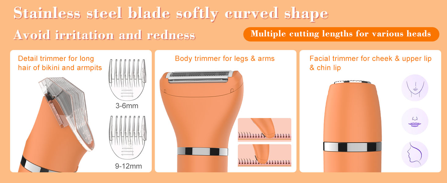 Електричний жіночий триммер 3-в-1 для обличчя, тіла та зони бікіні. Вологостійкий, з LCD-дисплеєм, помаранчевий