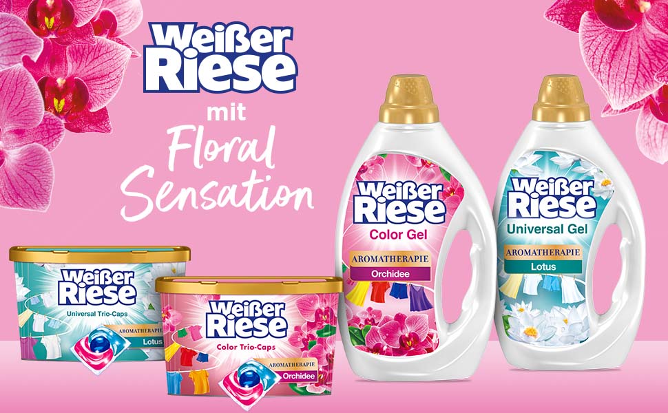 Гель для прання кольорових речей Weißer Riese Color Gel Aromatherapie Floral Sensation з орхідеєю, 6х22 прань, для сяючої чистоти та аромату