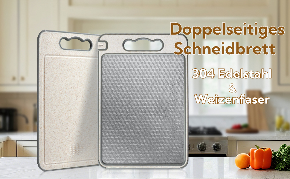 Двостороння обробна дошка для кухні з нержавіючої сталі 304 та пшеничного волокна, для м'яса, овочів, фруктів, з ручкою та антиковзким покриттям