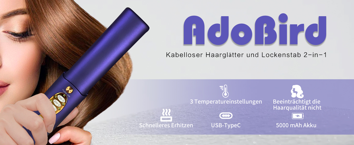 Бездротове праска для волосся з акумулятором 5000mAh, титанова поверхня, 2-в-1 (випрямляч та локони), міні, для подорожей, 3 температурні режими, швидкий нагрів, для всіх типів волосся (білий, блакитний)