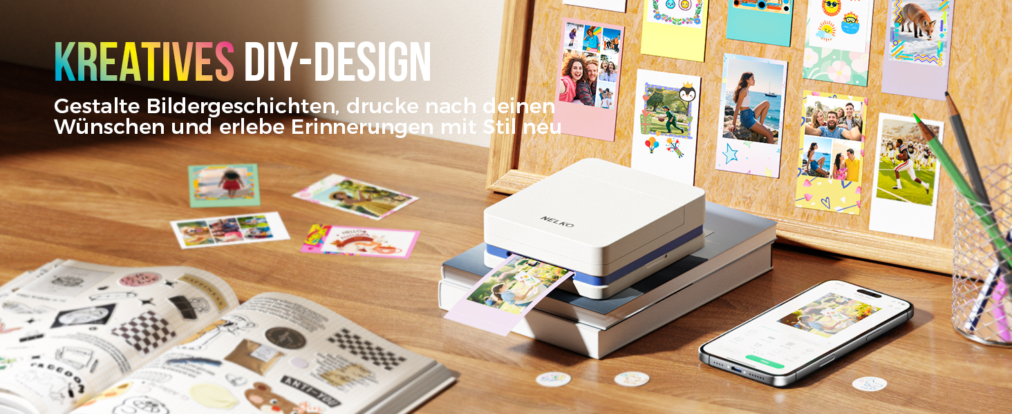 Портативний міні-принтер Nelko PP01 для фотографій з телефону (iOS & Android), 20 папірців, наклейки, білий