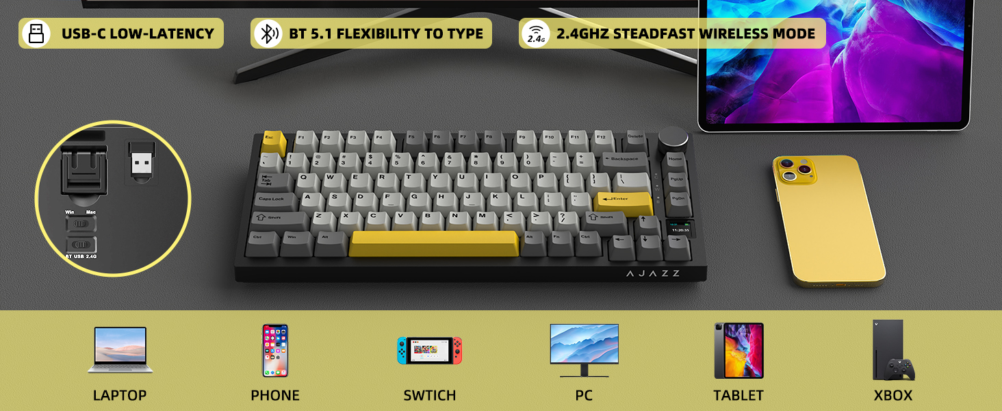 Механічна клавіатура YINDIAO AK820 PRO з TFT дисплеєм та кнопкою, 2.4G Wireless/BT5.1/USB-C, 75% ANSI, Hot-Swap, лінійний перемикач, RGB-підсвітка, для PC/MAC (Сірий)