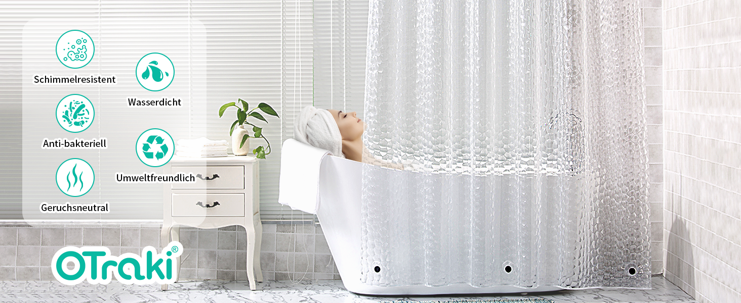 Шторка для душу OTRAKI 200x200 см, антигрибкова, EVA, прозора, без PVC, екологічна, з кільцями, водонепроникна, напівпрозора
