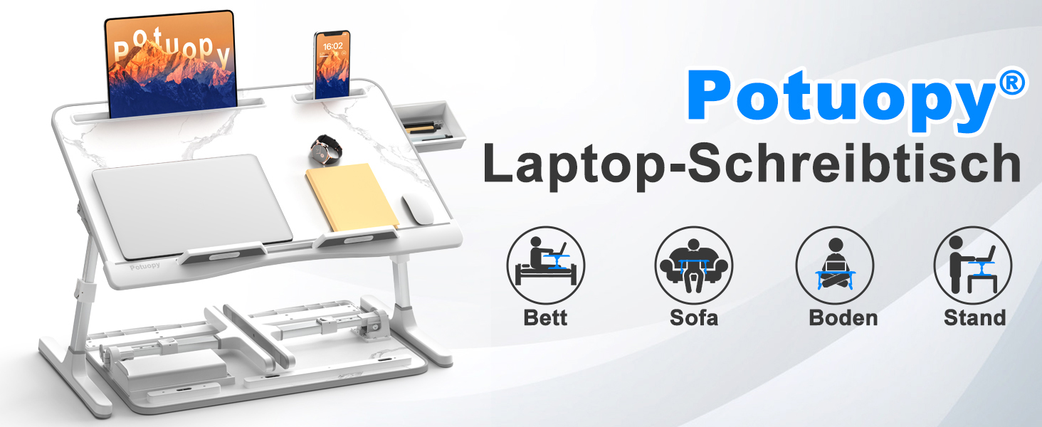 Столик для ноутбука Potuopy з регулюванням висоти та кута нахилу, X-Large, для роботи, читання та їжі на ліжку/софі, 60*40 см, білий мармур