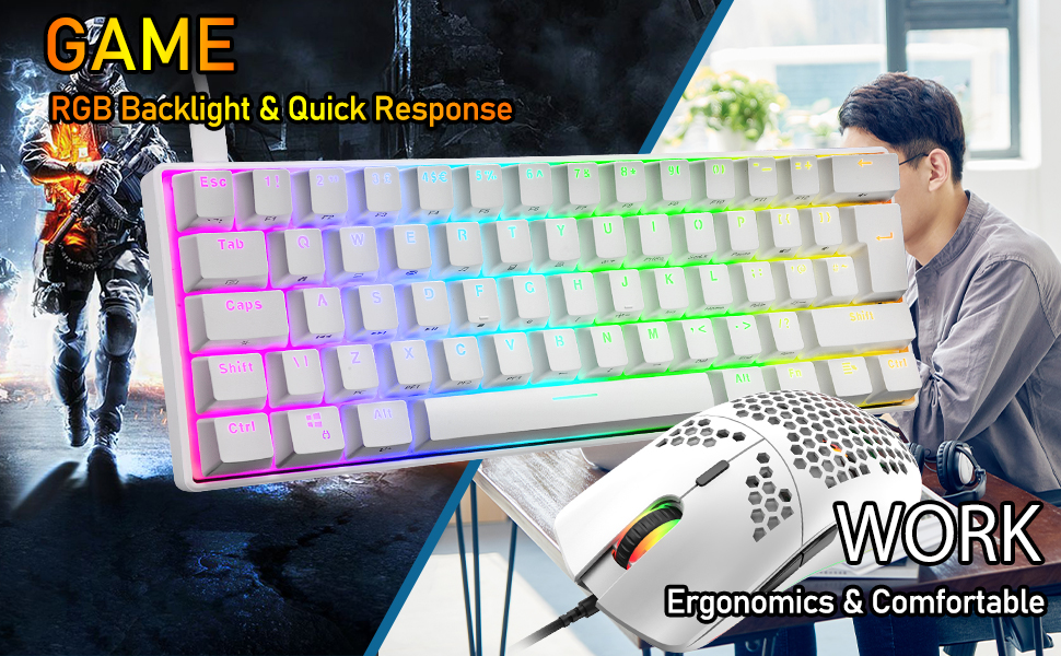 Ігровий комплект клавіатури та миші MK21: RGB механічна клавіатура 60% (62 клавіші), миша 6400 DPI, килимок для миші. Сумісність з PS4, Xbox, PC. Чорний/Blue Switch (White)