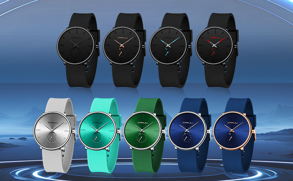 Годинник чоловічий CRRJU з силіконовим ремінцем, ультратонкий, водонепроникний, мінімалістичний, спортивний, кварцовий, блакитно-чорний